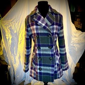 Rue21 Plaid coat double breasted purple gray white fitted waist hip length soft